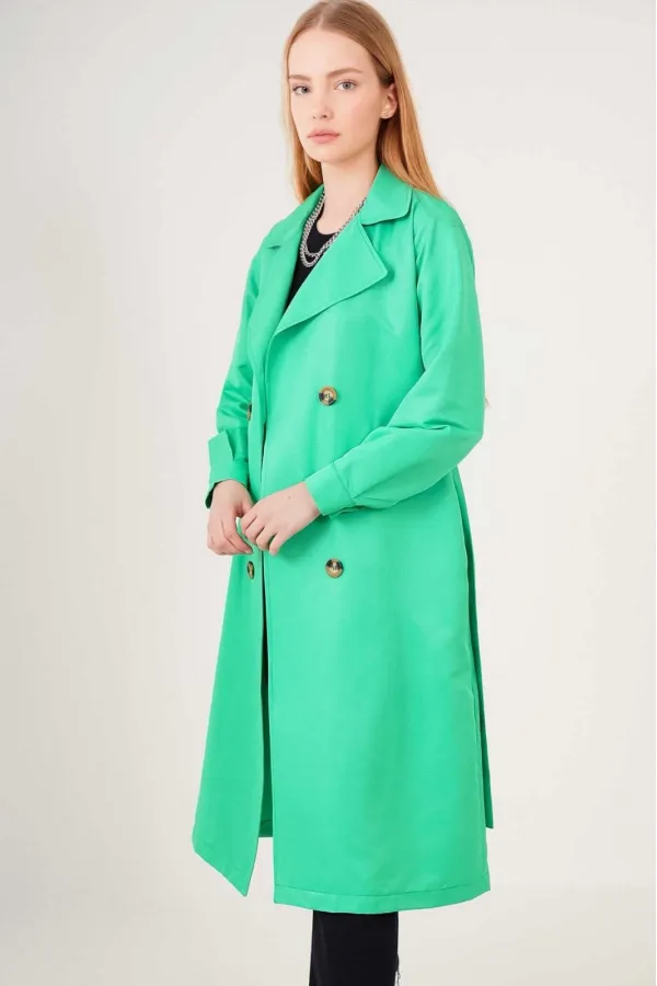 Women's Green Double-Breasted Belted Unlined Seasonal Casual Trench Coat HZL22S-BD158531
