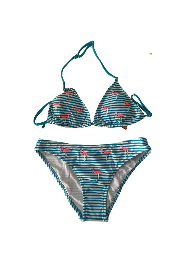 Girl Blue White Striped Flamingo Patterned 4-12 Years Triangle Bikini Set HZL24S-LC171