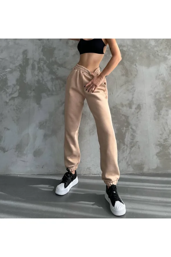 Kadın Bej Cepli Beli Paçası Lastikli 3 İplik Şardonlu Eşofman Altı HZL24W-ZK12321