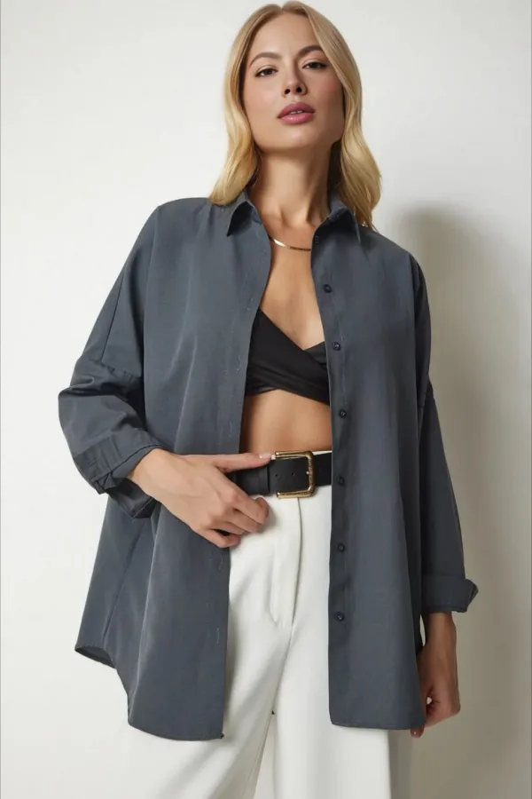 Kadın Antrasit Geniş Kalıp Uzun Basic Gömlek HZL24W-BD139001