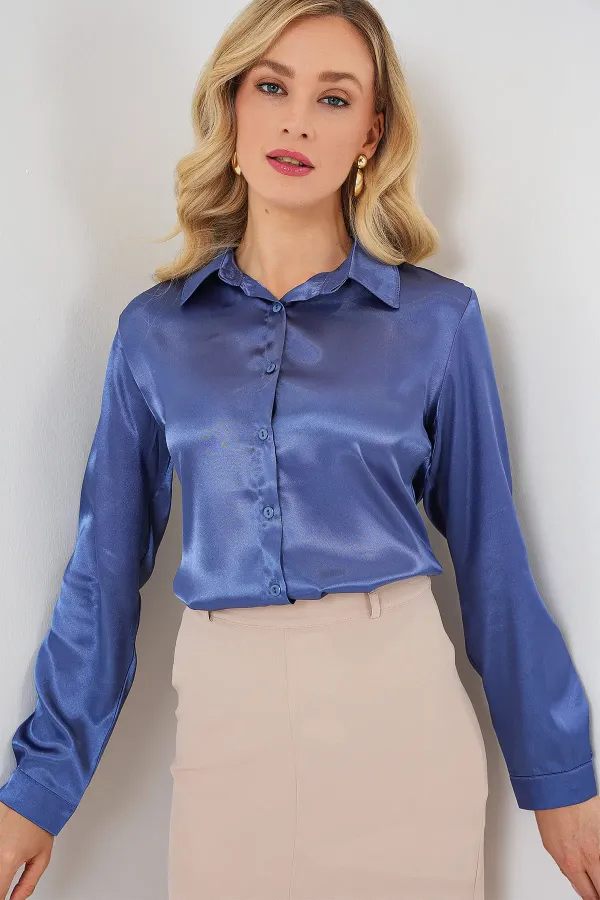 3964 Lightly Draped Satin Shirt - Dark Navy