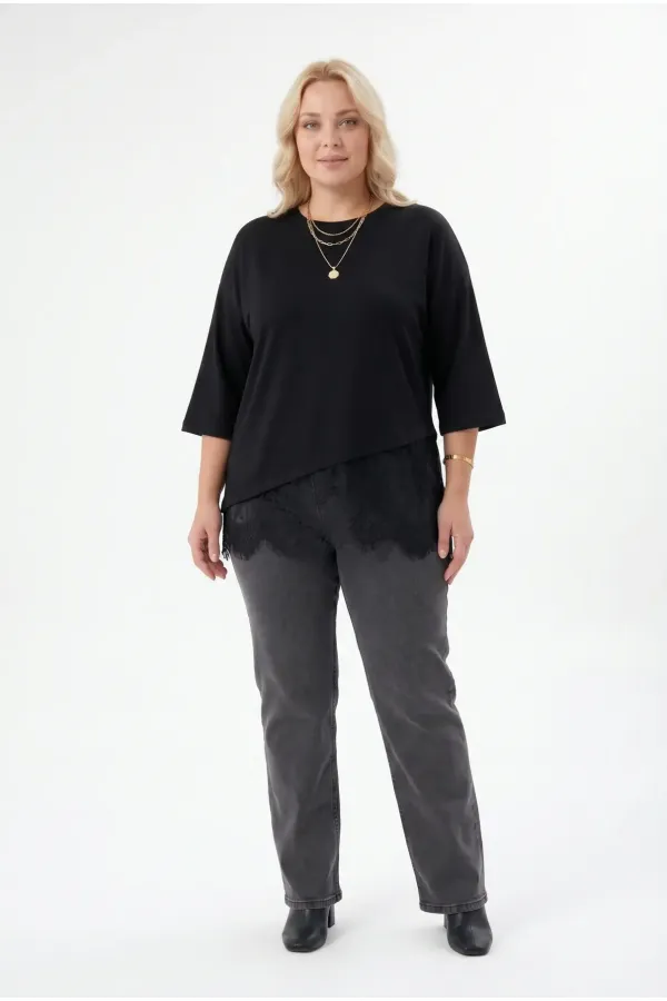 Women's Black Plus Size Crew Neck Short Sleeve T-Shirt with Tulle Detail HZL26S-ZSS19521 Women's Black Plus Size Crew Neck Short Sleeve T-Shirt with Tulle Detail HZL26S-ZSS19521
