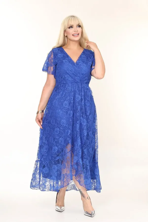 Kadın Saks Mavi Büyük Beden V Yaka Astarlı Dantel Detaylı Şık Abiye Elbise HZL26S-PR11071