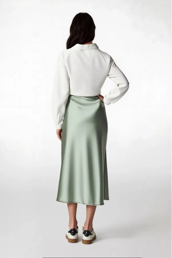 Kadın Çağla Saten Yüzeyli Beli Lastikli Midi Boy Etek Hzl23s-bd1101471
