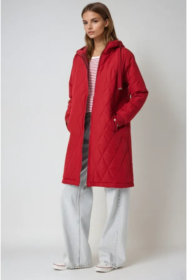 Kadın Bordo Kapitone Uzun Şişme Mont HZL22W-BD151381