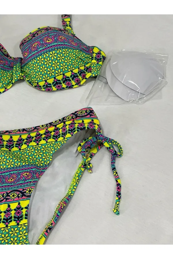 Kadın Yeşil Çok Renkli Etnik Desen Atarlı Bikini Takımı HZL25S-LC8004
