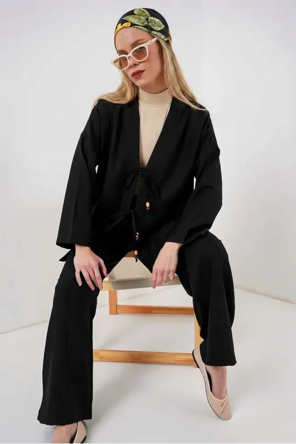 Kadın Siyah Keten Bağlama Detaylı Kimono Pantolon İkili Takım HZL26S-BD167271