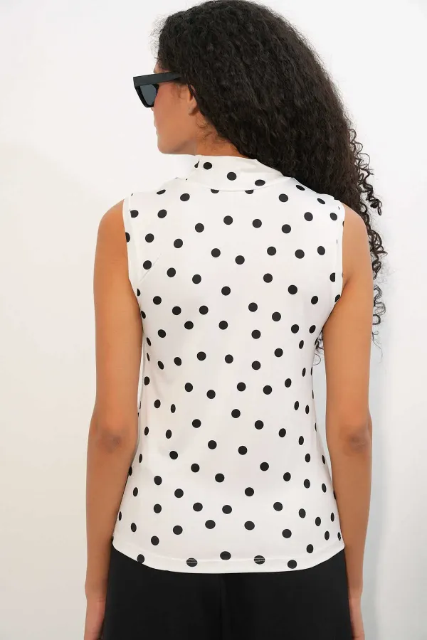 Women's White Satin Polka Dot Half Turtleneck Sleeveless Blouse HZL26S-BD1400141 Women's White Satin Polka Dot Half Turtleneck Sleeveless Blouse HZL26S-BD1400141