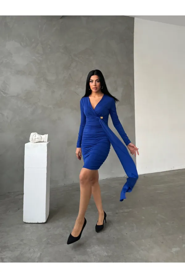 Kadın Saks Mavi V Yaka Toka Ve Büzgü Detaylı Elbise HZL25W-FRY122611