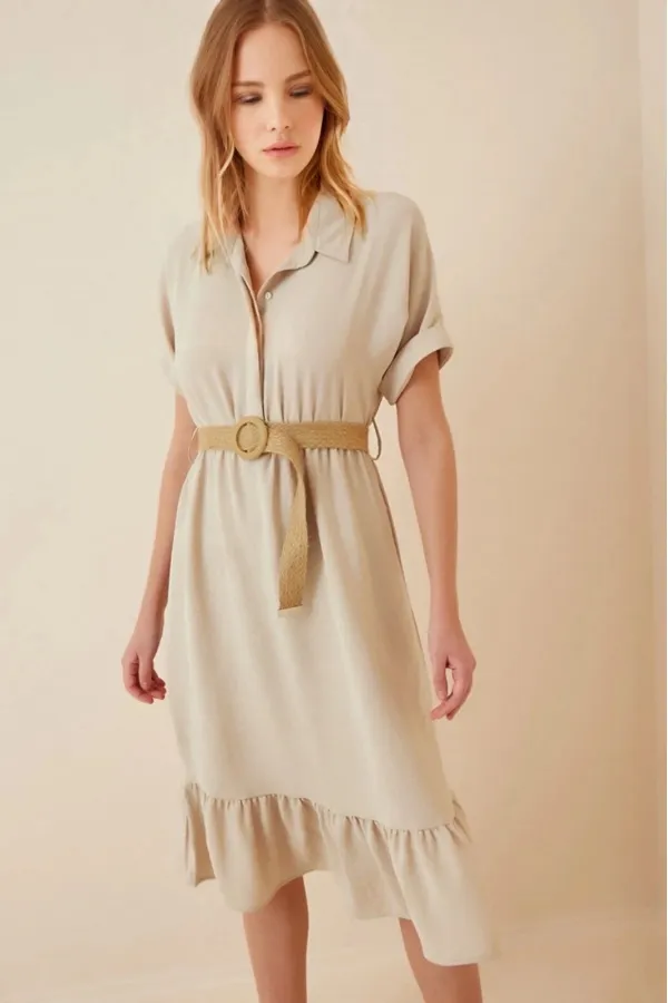 Kadın Vizon Gömlek Yaka Düğmeli  Hasır Kemerli Ayrobin Elbise HZL22S-BD122921