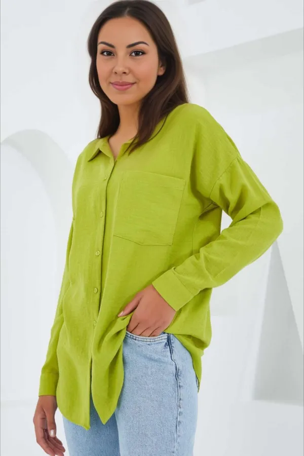 Kadın Fıstık Yeşil Tek Cepli Oversize Keten Ayrobin Gömlek HZL24S-BD1201531