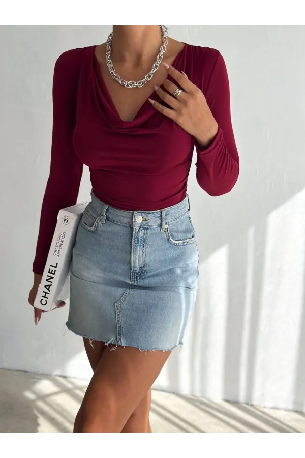 Kadın Bordo Degaje Yaka Yandan Büzgülü Uzun Kol Sandy Bluz HZL24W-FRY122481