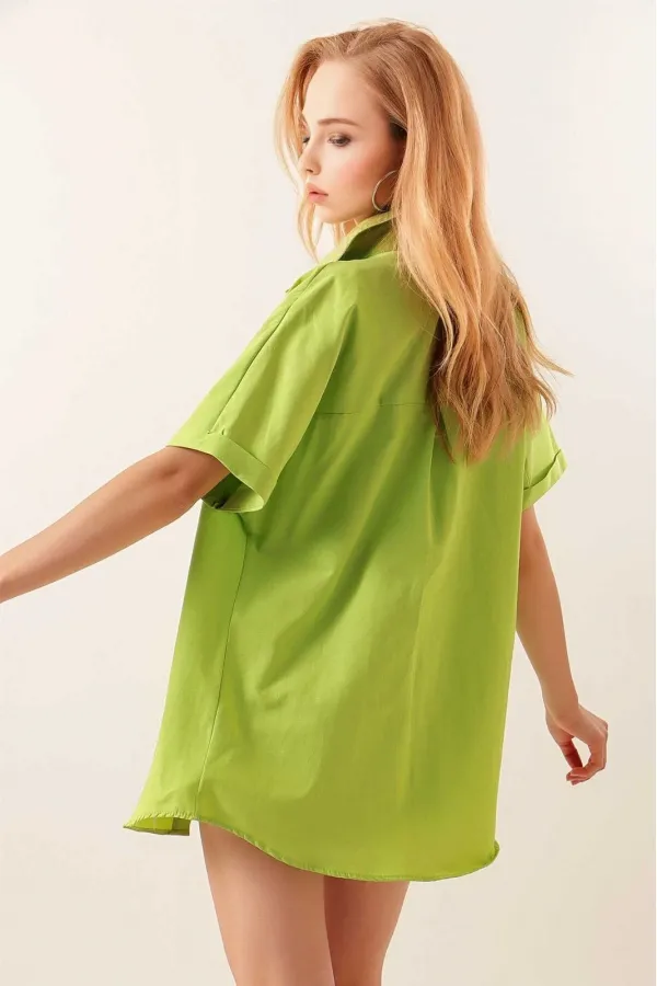 Kadın Fıstık Yeşili Oversize Uzun Kısa Kollu Basic Poplin Gömlek HZL22S-BD1201201