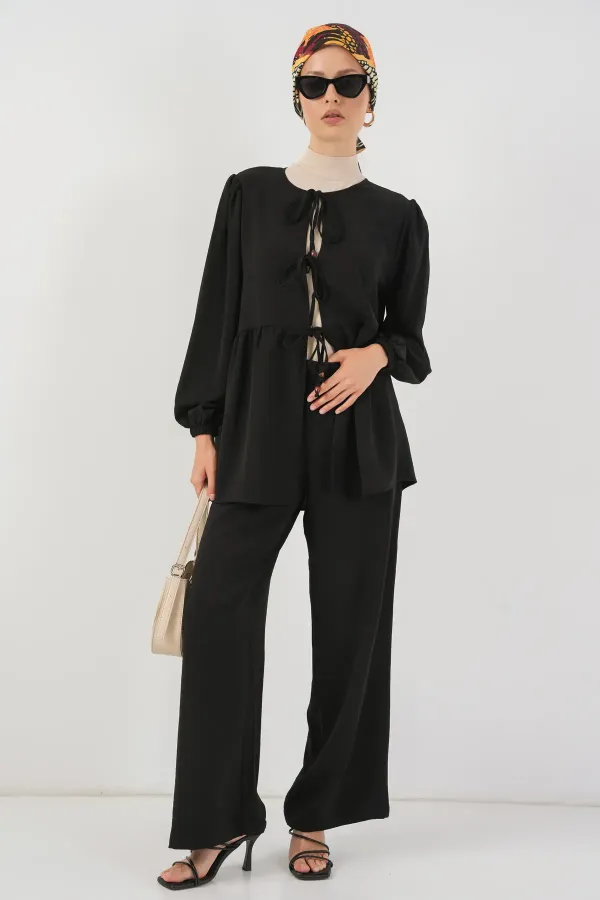 Ensemble deux pièces tunique et pantalon à lacets pour femme 6744 - Noir