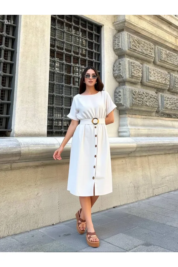 Kadın Krem Kemerli Düğmeli Yazlık Keten Viskon Elbise HZL23S-BD123891