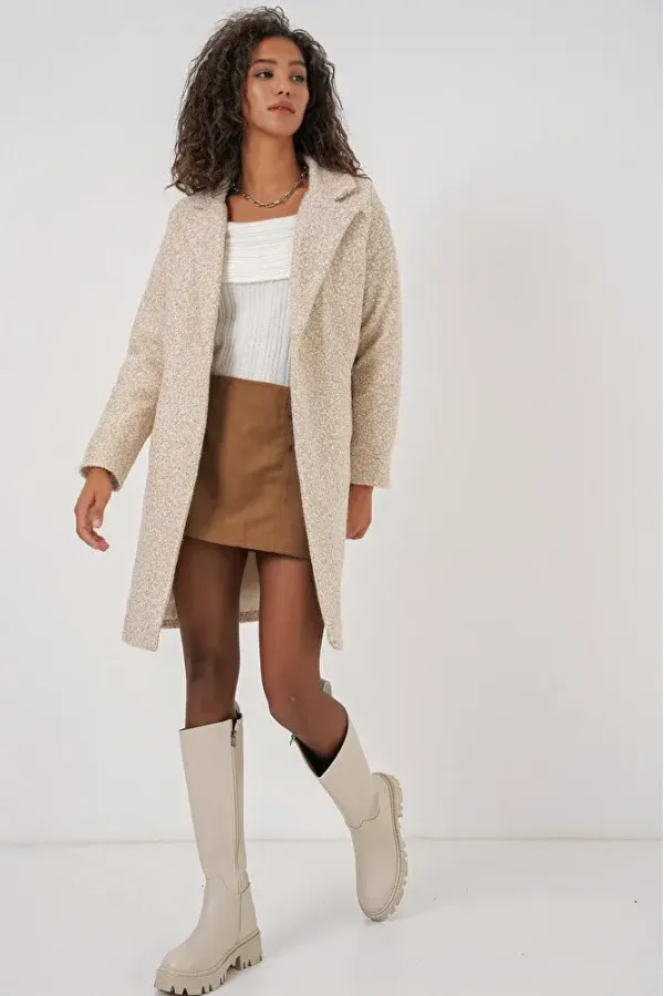 Manteau en cachemire bouclé doublé crème chiné pour femme, à un bouton et double poche HZL22W-BD190821