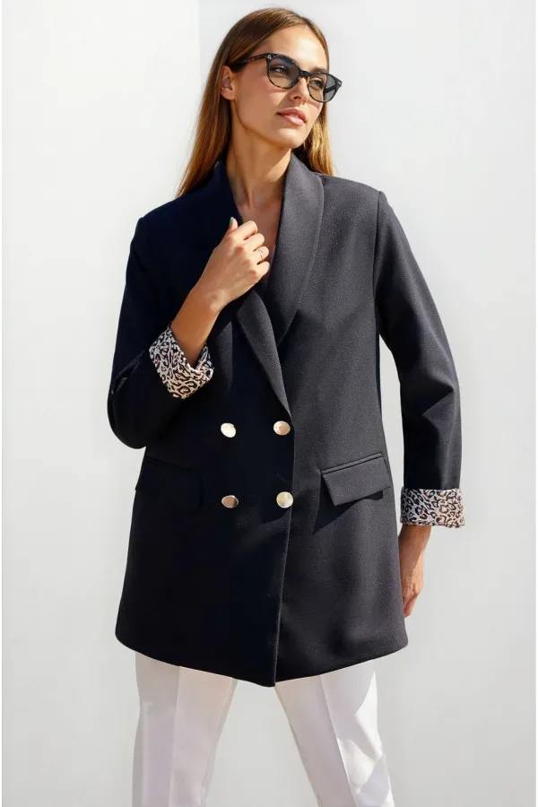 Blazer noir à boutons et doublure léopard pour femme HZL25W-BD107041