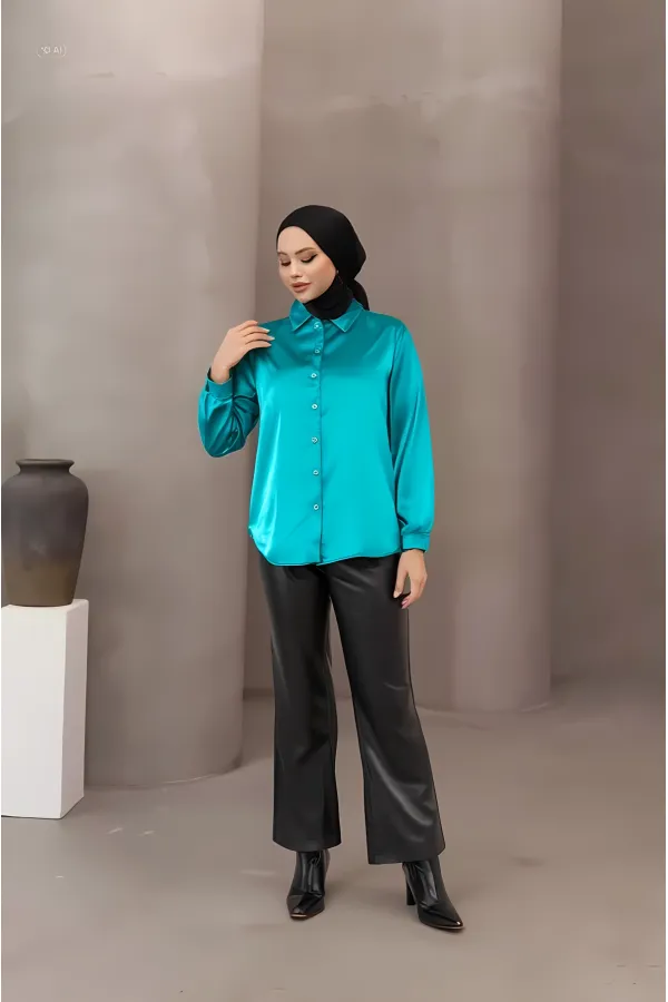 Chemise hijab en satin vert pour femme HZL25W-BD139641