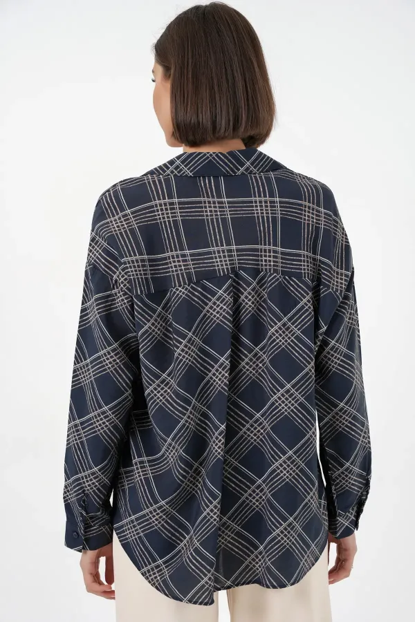 Women's Oversize Patterned Shirt 20372 - Navy Blue
