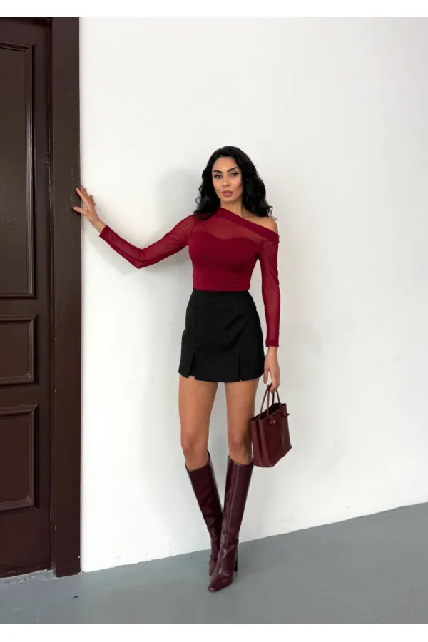 Kadın Bordo Tül Garnili Uzun Kol Şık Rahat Bluz HZL25W-FRY123541