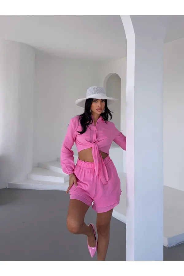 Kadın Pembe Müslin Keten Şort Gömlek Alt Üst Takım HZL25S-DSB1012