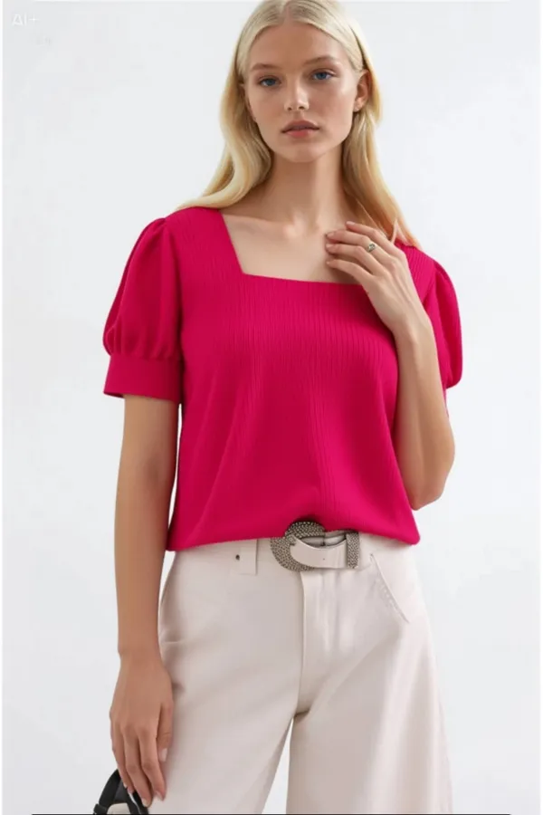 Women's Fuchsia Square Collar Knitted Blouse HZL22W-BD104091