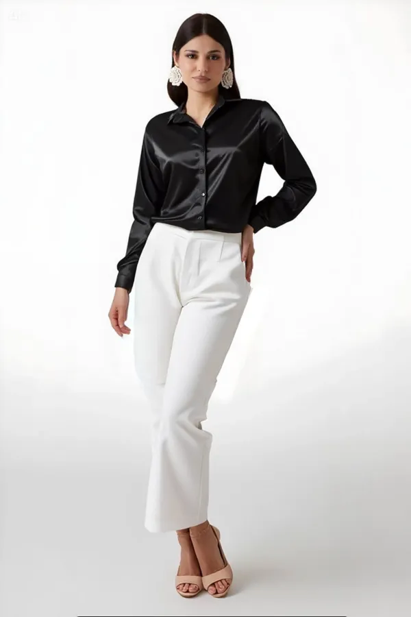 Kadın Siyah  Hafif Dökümlü Saten Yüzeyli Gömlek HZL22W-BD139641