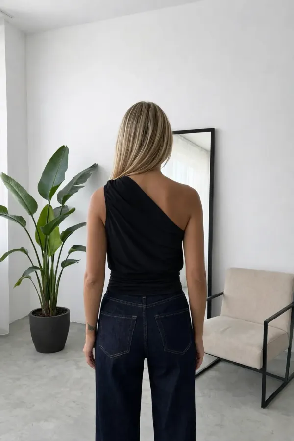 Women's Black Asymmetrical One-Shoulder Draped Blouse with Gold Accessory Details HZL26S-FRY123751