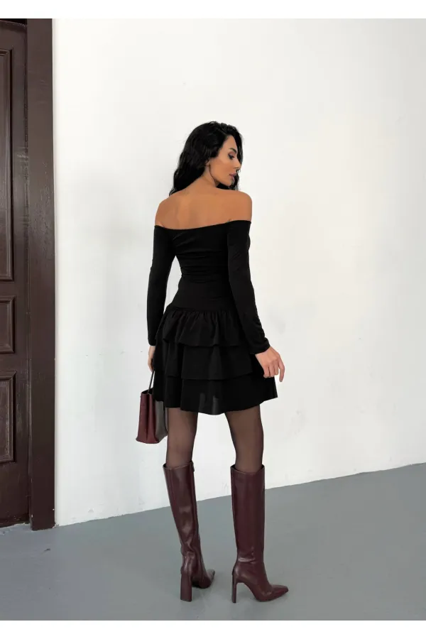 Women's Black Strapless Neckline Layered Skirt Detail Mini Dress HZL25W-FRY123581