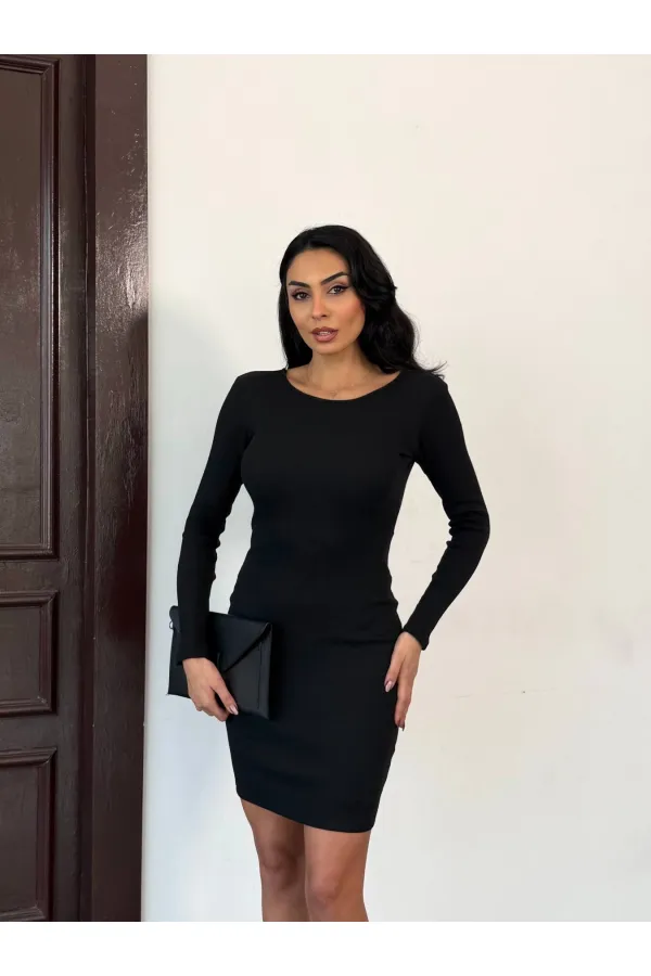 Women's Black Long Sleeve Tie-Down Back Camisole Mini Dress HZL25W-FRY120411