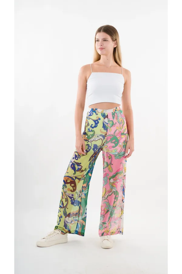 Kadın Yeşil Pembe Desenli Yüksek Bel Bol Paça Pantolon HZL22S-YY284