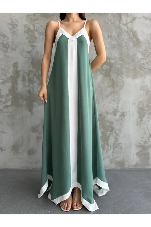 Kadın Haki Beyaz Detaylı Asimetrik Kesim V Yaka Ayarlanabilir İp Askılı Elbise HZL24S-MJ113041