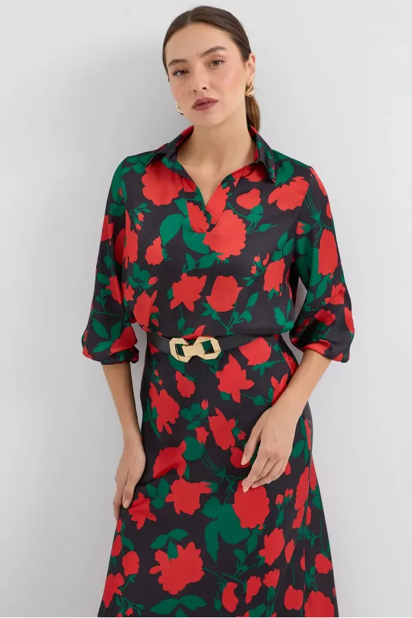 Ensemble deux pièces en satin à motifs noirs et rouges pour femme 8018