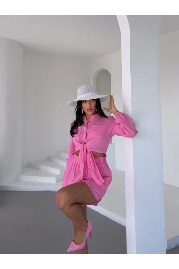 Kadın Pembe Müslin Keten Şort Gömlek Alt Üst Takım HZL25S-DSB1012