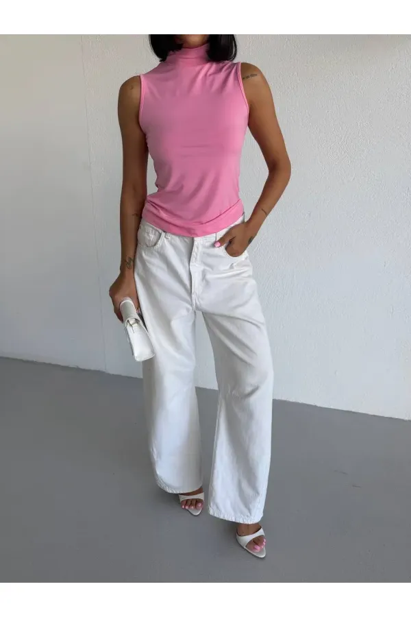 Women's Pink Turtleneck Sleeveless Sandy Crop Blouse HZL26S-FRY123931