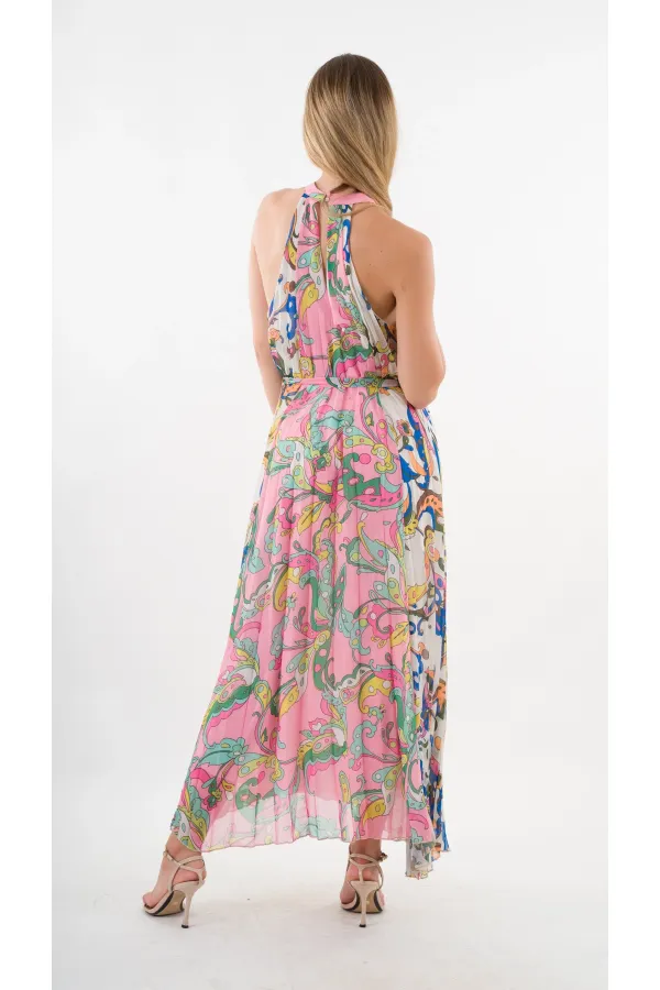 Kadın Çok Renkli Bloklu Yaprak Desenli Halter Yaka Kuşaklı Astarlı Uzun Elbise HZL24S-YY233