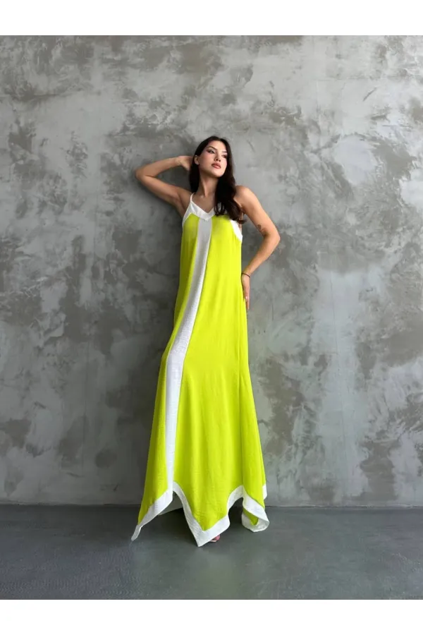 Kadın Fıstık Yeşili Beyaz Detaylı Asimetrik Kesim V Yaka İp Askılı Elbise HZL24S-MJ113041