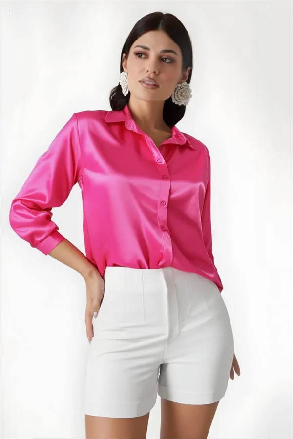 Kadın Canlı Pembe Hafif Dökümlü Saten Yüzeyli Gömlek Hzl22w-bd139641