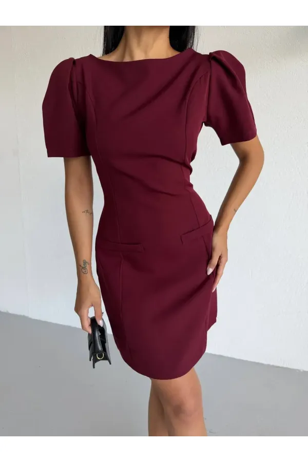 Women's Burgundy Boat Neck Welt Pocket Short Sleeve Mini Dress HZL26S-FRY123891 Women's Burgundy Boat Neck Welt Pocket Short Sleeve Mini Dress HZL26S-FRY123891