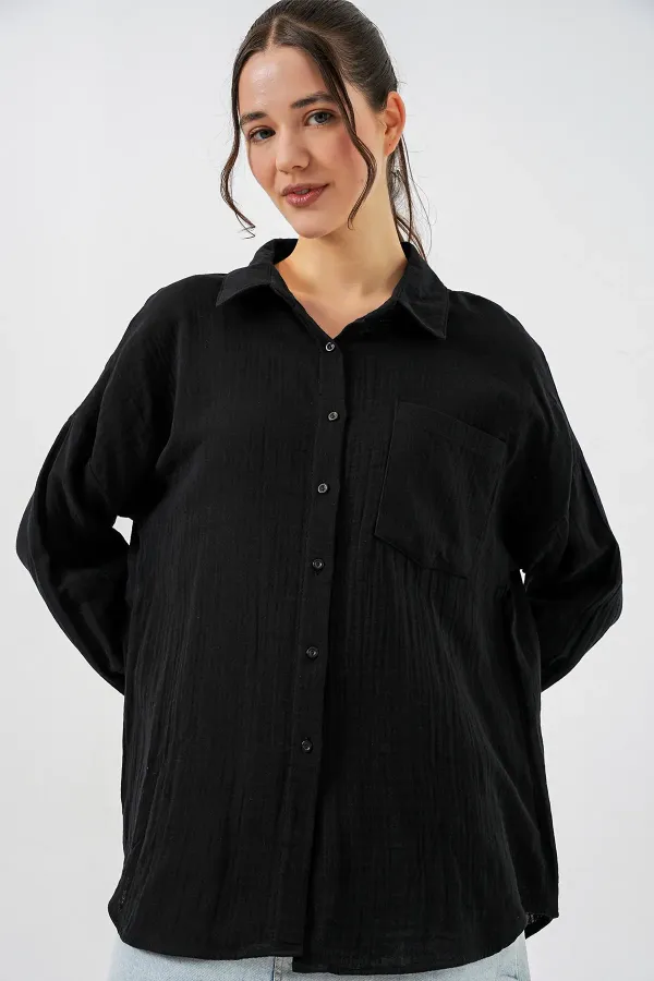 Women's Single Pocket Oversize Muslin Shirt 20353 - Black