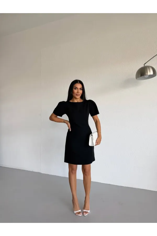 Women's Black Boat Neck Welt Pocket Short Sleeve Mini Dress HZL26S-FRY123891 Women's Black Boat Neck Welt Pocket Short Sleeve Mini Dress HZL26S-FRY123891