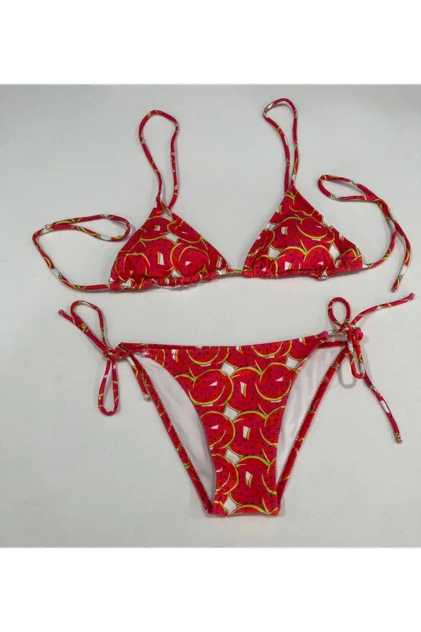 Ensemble bikini triangle dos nu à motif pastèque rouge pour femme HZL25S-LC5005