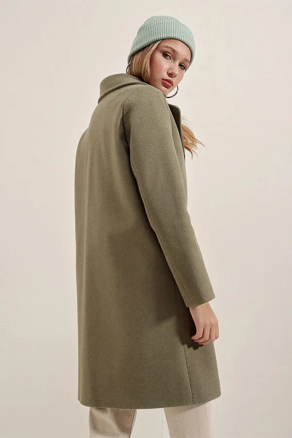 Manteau élégant en cachemire kaki pour femme, doublé, à un bouton et deux poches, HZL23W-BD190851