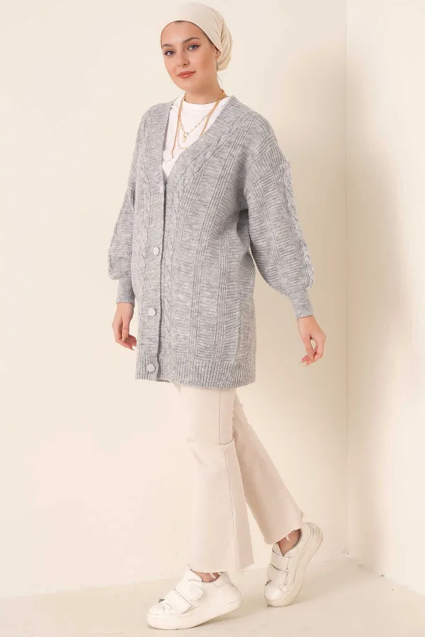 Cardigan long boutonné coupe décontractée en tricot gris clair pour femme HZL23W-BD1100691