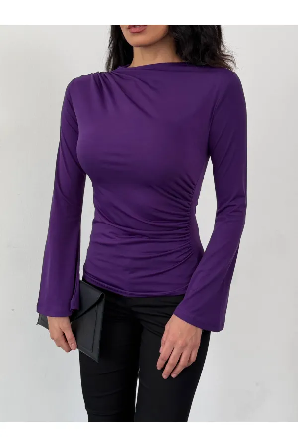 Kadın Mor Drape Detaylı İspanyol Kol Sany Bluz HZL25W-FRY123431