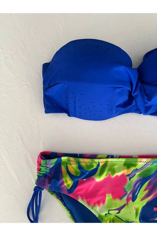 Kadın Saks Mavi Taş İşlemeli Astarlı Bikini Takım HZL25S-LC3334