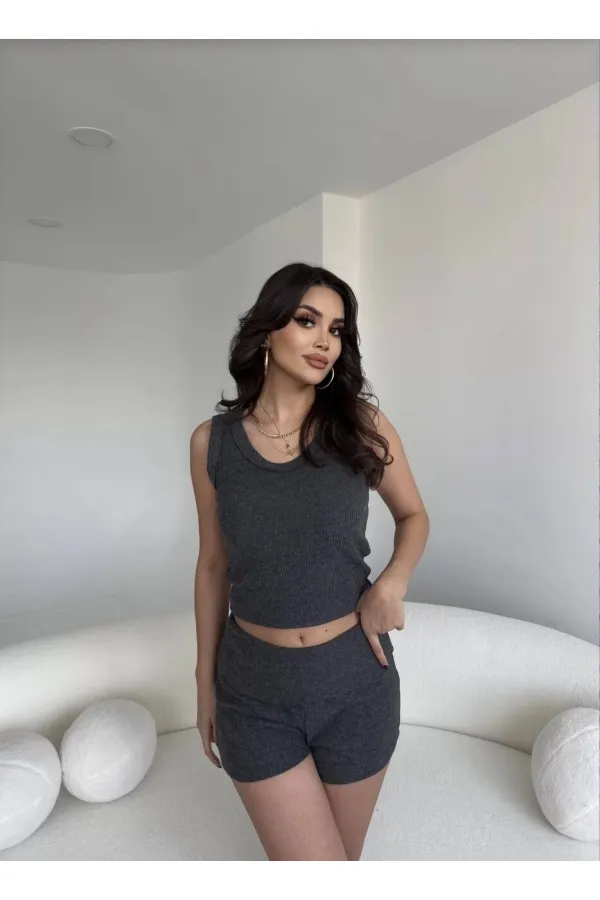 Kadın Antrasit Bel Katlamalı Şortlu Bluz Basic Takım HZL25W-ZK11191