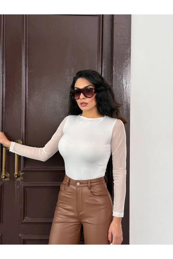 Kadın Beyaz Uzun Tül Kol Sandy Bluz HZL25W-FRY122521