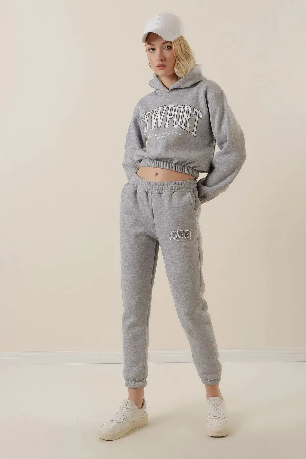 Women's Gray Hooded Printed Polar Fleece Top Crop Top with Underwire Tracksuit Set HZL23W-BD1553971