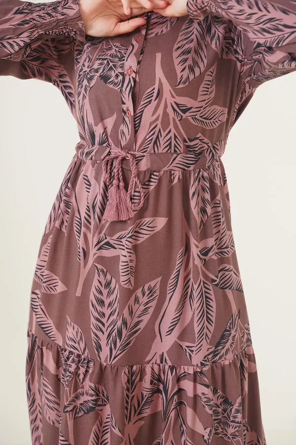 2145 Desenli Tesettür Elbise - Kahverengi